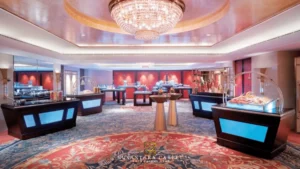 Karpet hotel Shangri-La bercorak merah dan biru di ruang dalaman hotel