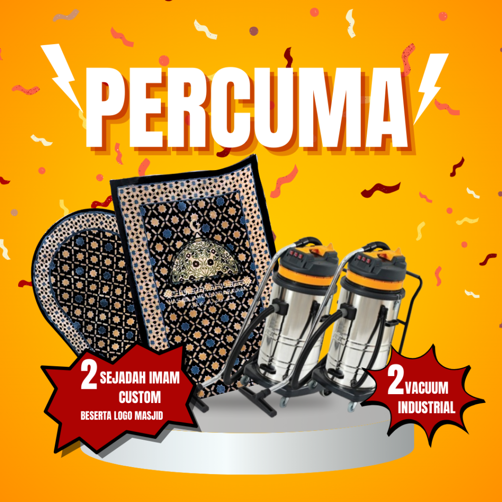 Poster Freegift 4 barang. 2 sejadah imam custom-made dan 2 vacuum karpet berkualiti tinggi