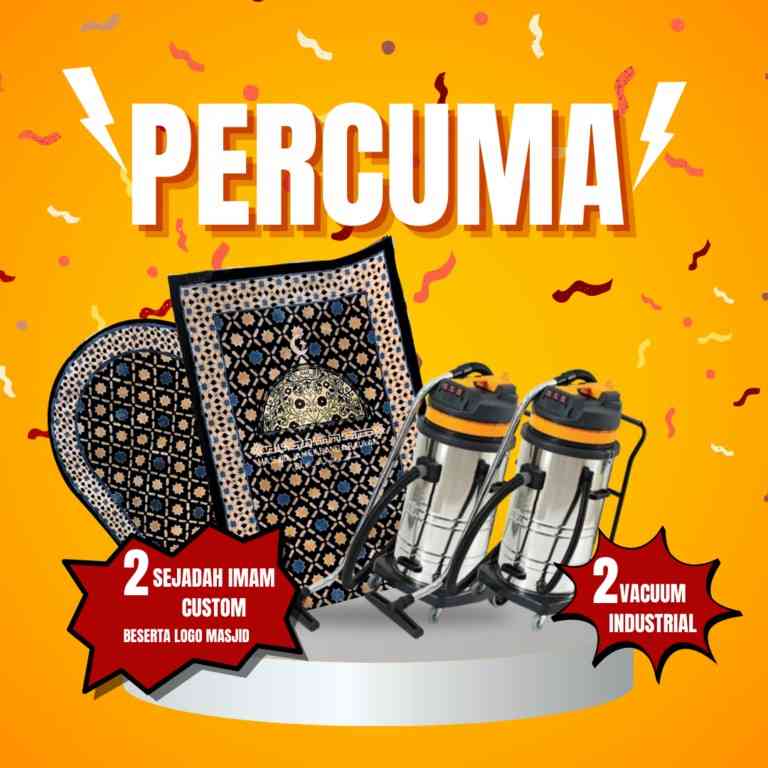 Poster Freegift 4 barang. 2 sejadah imam custom-made dan 2 vacuum karpet berkualiti tinggi