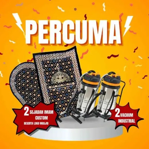Poster promosi Nusantara Carpet yang menawarkan dua sejadah imam custom dengan logo masjid dan dua unit vakum industri sebagai hadiah percuma.