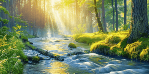Taman hijau dengan sungai mengalir
