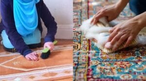 Dua gambar proses mencuci karpet: memberus sejadah di sebelah kiri dan menggosok karpet bercorak dengan berus dan buih sabun di sebelah kanan
