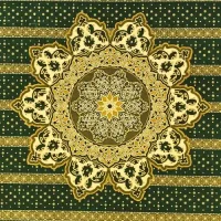 Pandangan jarak dekat dari atas (top-down view) memaparkan reka bentuk sampel produk karpet masjid custom berwarna hijau tua yang dihiasi dengan corak motif hiasan medallion berbentuk bintang bulat pecah sepuluh berskala besar berwarna kuning keemasan mewah di bahagian tengah, menampilkan kehalusan lingkaran seni bina Islamik geometri moden yang kompleks berpusatkan motif bintang berbucu lapan di titik tengah, berlatarbelakangkan permukaan fabrik bertaburan corak bintik-bintik putih kecil serta diselangi jalur garisan saf melintang berwarna emas hitam bercorak sulaman bunga tradisional yang tersusun sejajar