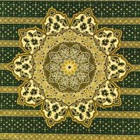 Sampel karpet masjid custom berwarna hijau tua dengan motif medallion geometri Islamik berwarna emas dan jalur hiasan bermotif bunga.